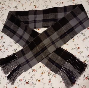 Gray and purple tartan long fringe scarf